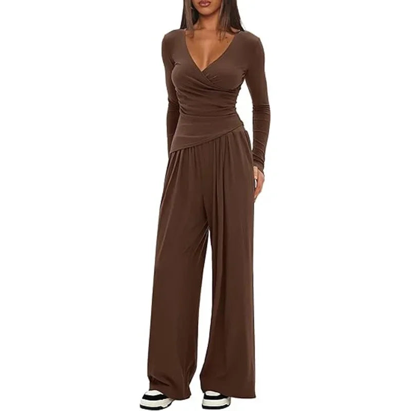 Pauline | Combinaison Femme Noire Jambe Large Manches Longues