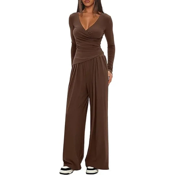 Pauline | Combinaison Femme Noire Jambe Large Manches Longues