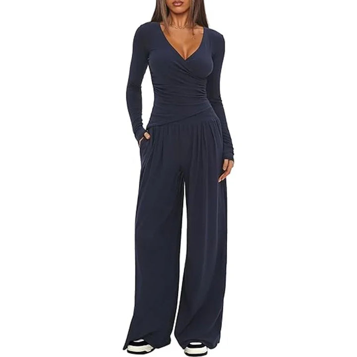 Pauline | Combinaison Femme Noire Jambe Large Manches Longues