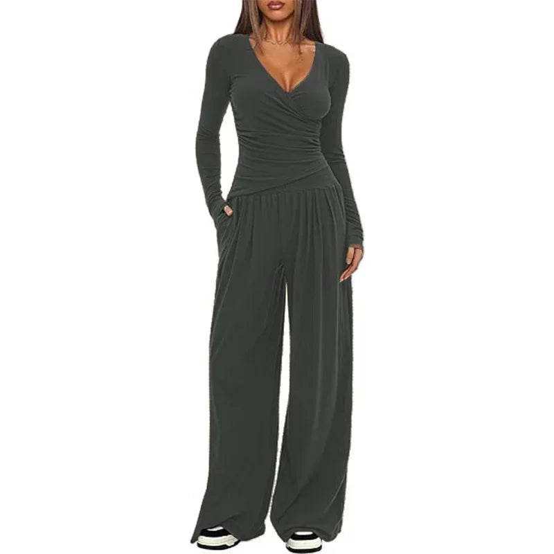 Pauline | Combinaison Femme Noire Jambe Large Manches Longues