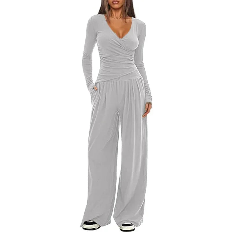 Pauline | Combinaison Femme Noire Jambe Large Manches Longues