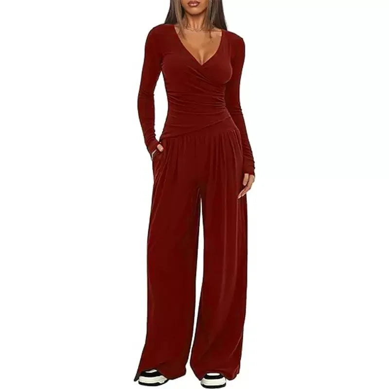 Pauline | Combinaison Femme Noire Jambe Large Manches Longues