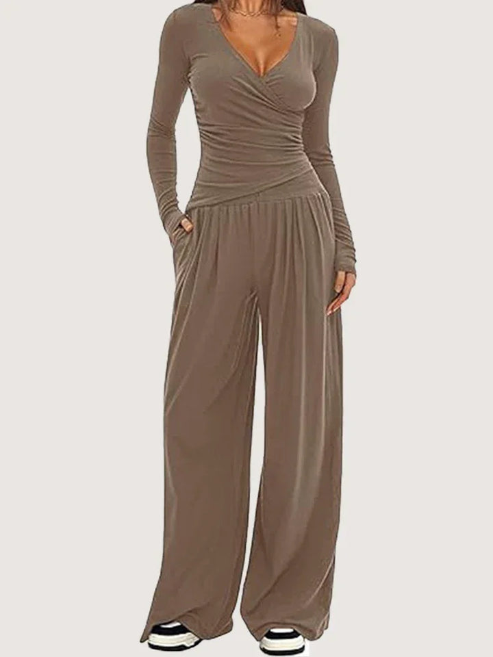 Pauline | Combinaison Femme Noire Jambe Large Manches Longues
