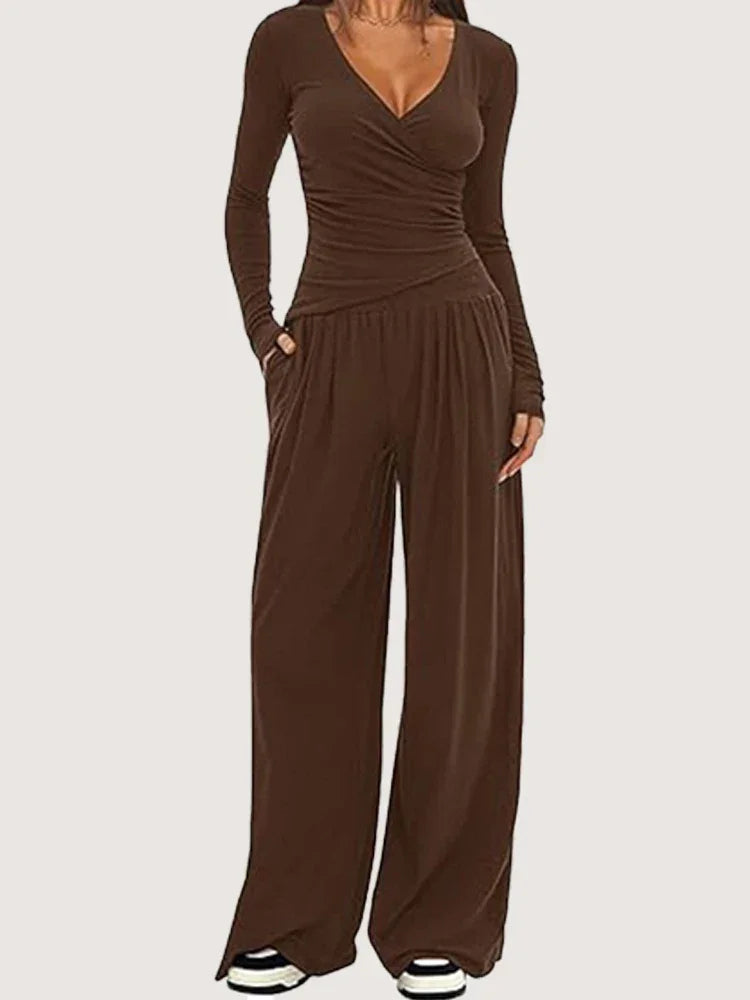 Pauline | Combinaison Femme Noire Jambe Large Manches Longues