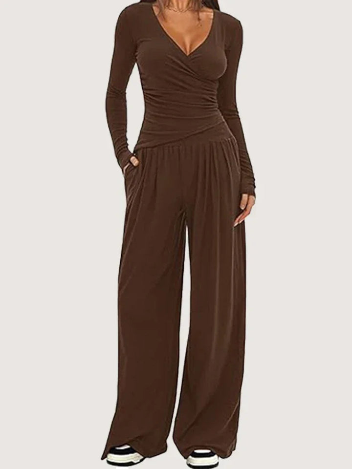 Pauline | Combinaison Femme Noire Jambe Large Manches Longues