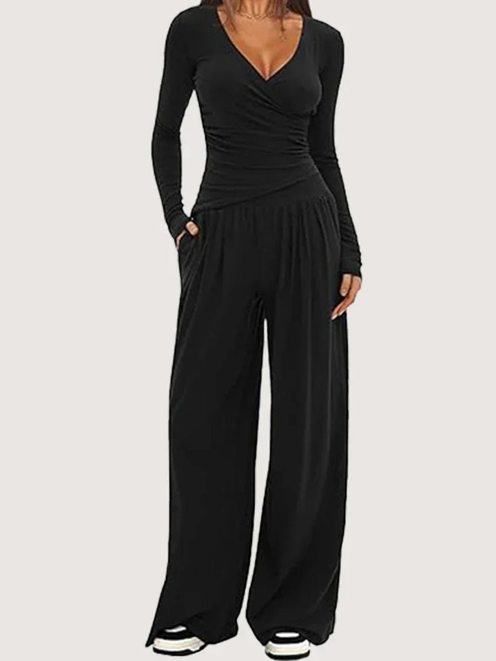 Pauline | Combinaison Femme Noire Jambe Large Manches Longues