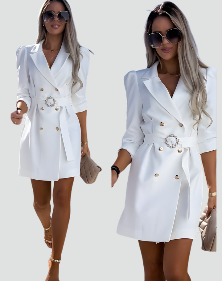 Pauline | Robe Blazer Blanche Courte Ceinturée Manches Bouffantes