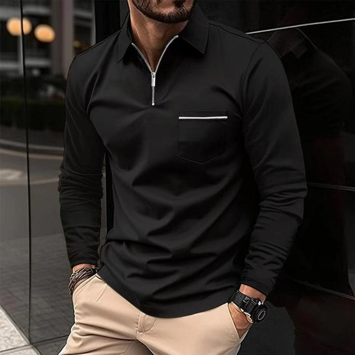 Raphaël | Polo Homme Manches Longues Zippé Noir Ajusté