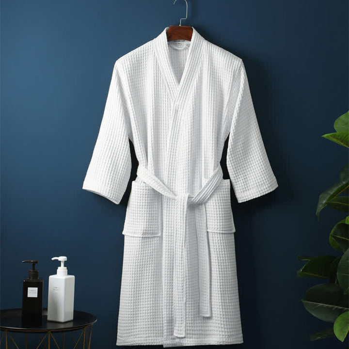 René | Peignoir Long Gaufré Col V Ceinture