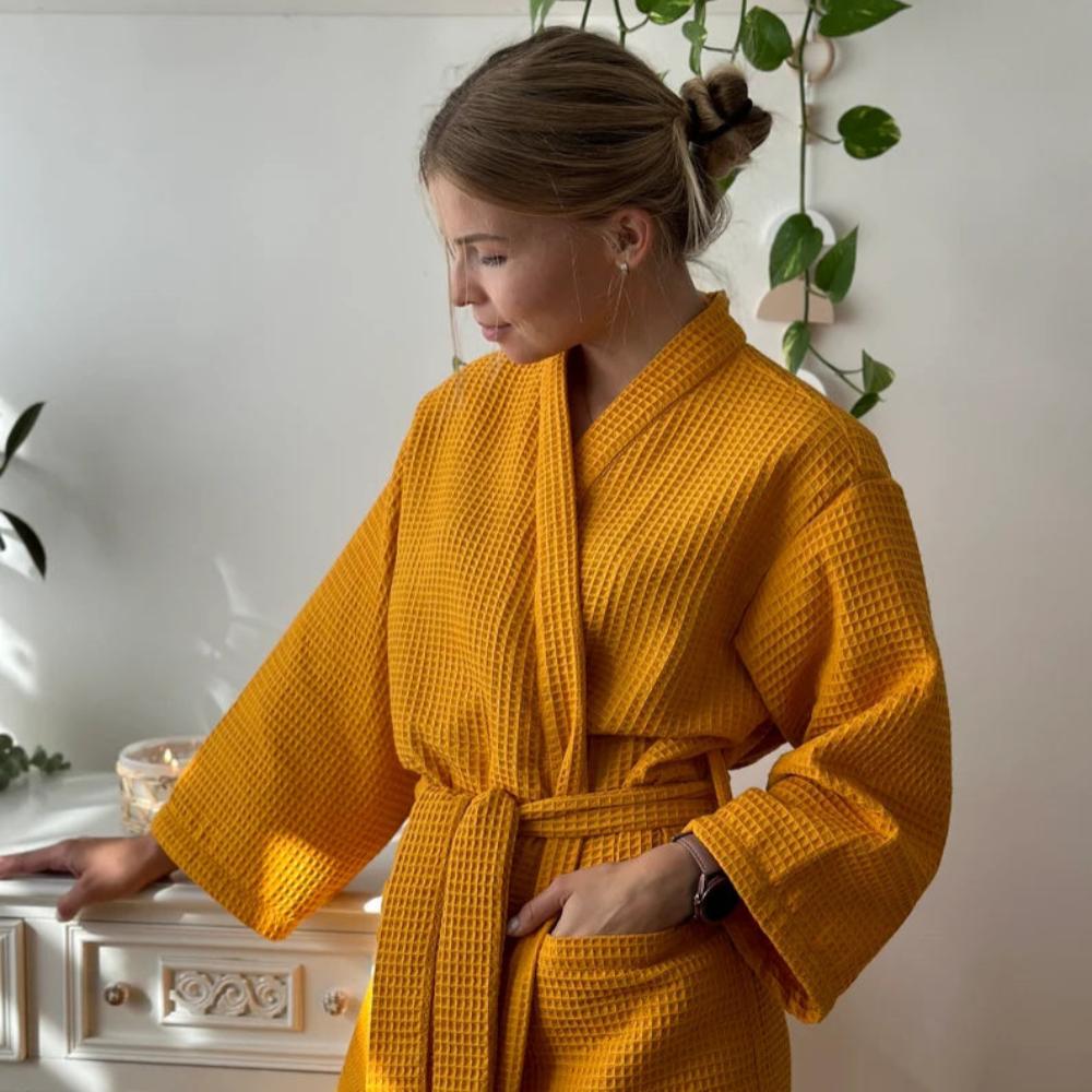 René | Peignoir Long Gaufré Col V Ceinture