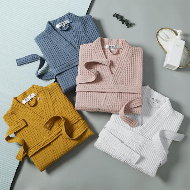 René | Peignoir Long Gaufré Col V Ceinture