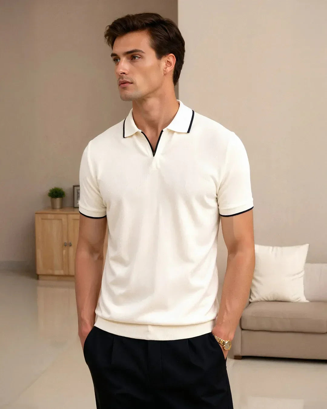 Romain | Polo Homme Maille Écru Liseré Noir