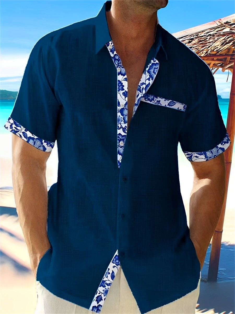 Olivier | Chemise Manches Courtes Col Fleuri Bleu Clair