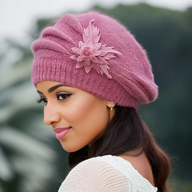 Chloé | Béret Femme en Tricot Crème à Fleur