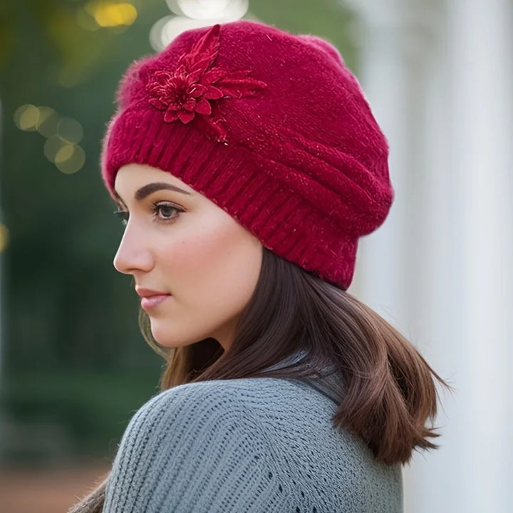 Chloé | Béret Femme en Tricot Crème à Fleur