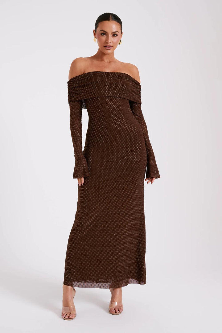 Juliette | Robe Longue Mesh Manches Cloche Col Off-Épaules
