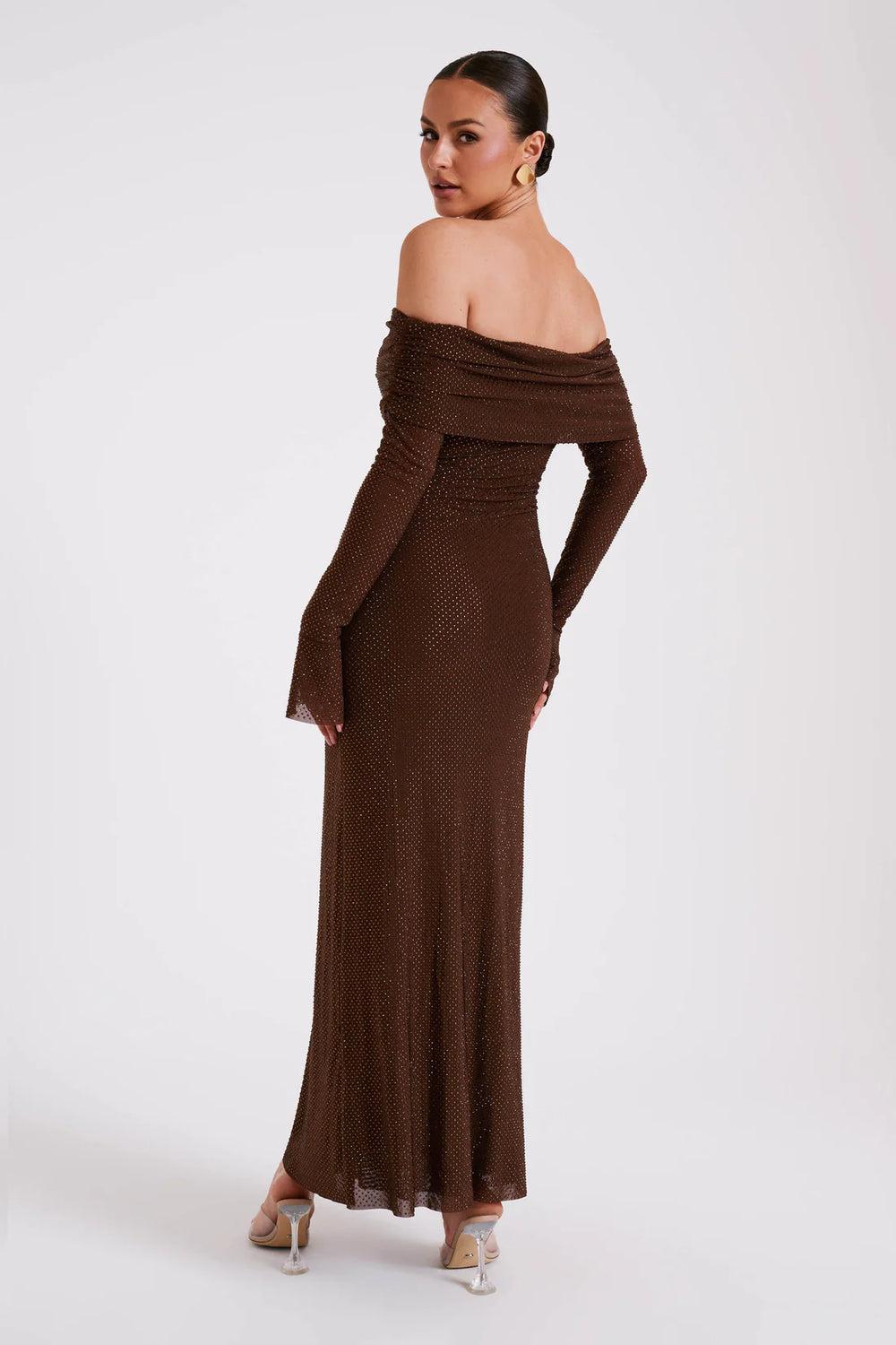 Juliette | Robe Longue Mesh Manches Cloche Col Off-Épaules