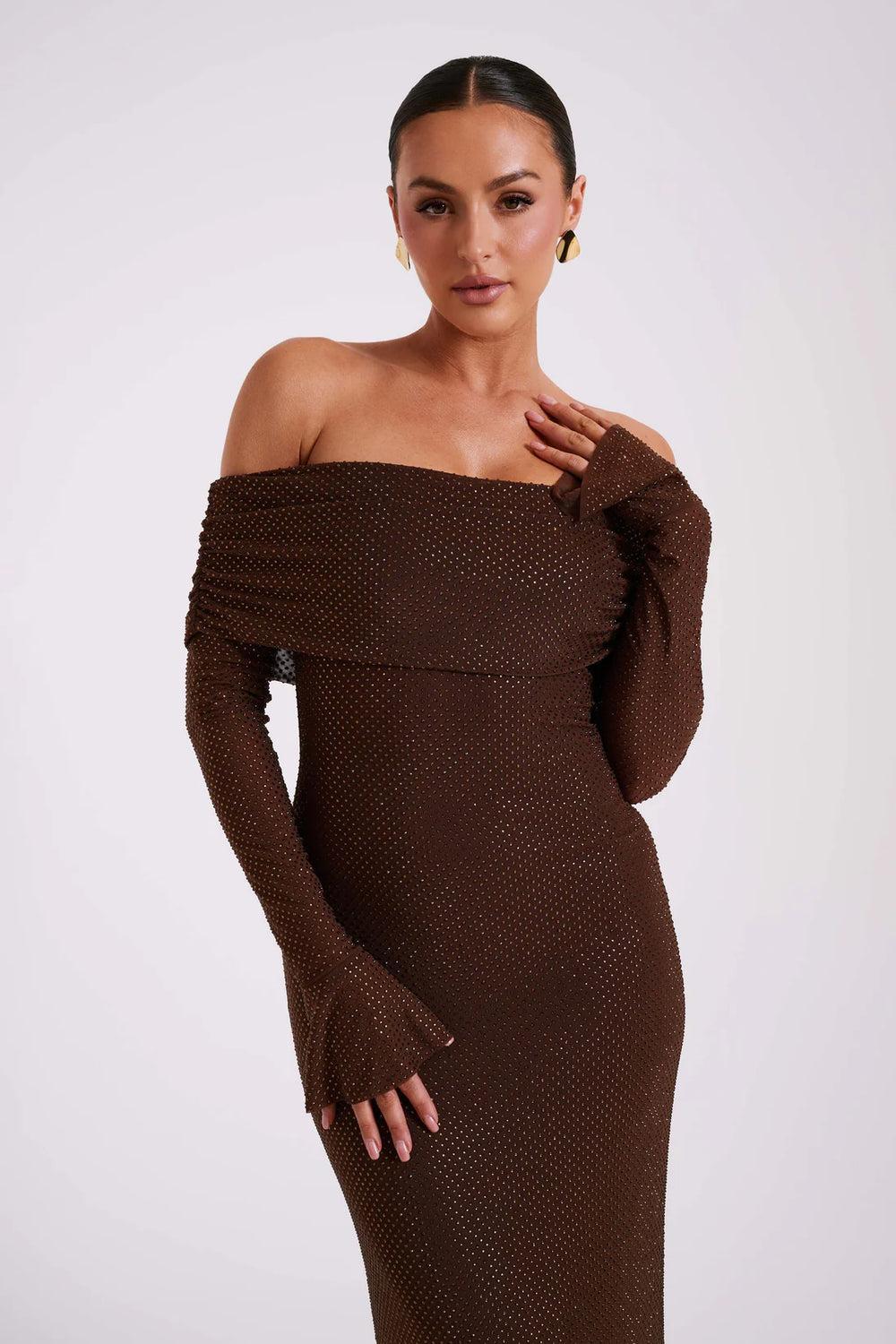 Juliette | Robe Longue Mesh Manches Cloche Col Off-Épaules