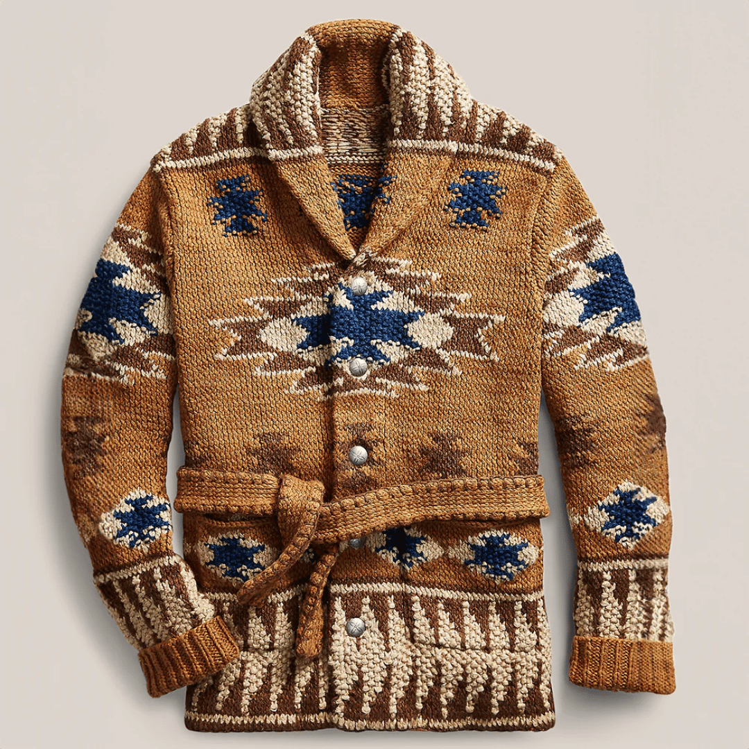 Xavier | Cardigan Homme Laine Marron Col Châle Ceinturé