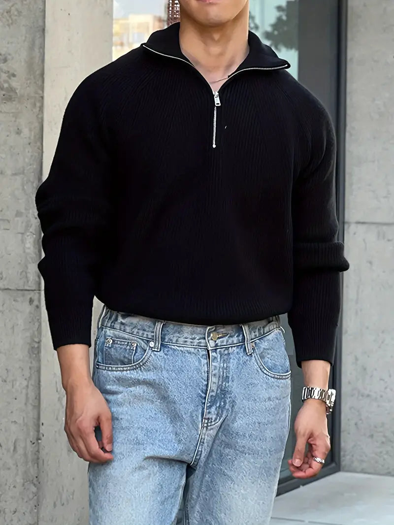 David | Pull Homme Col Zippé Maille Côtelée Beige