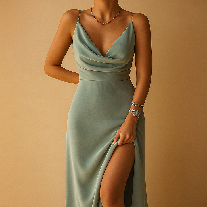 Juliette | Robe Longue Verte Col Vache Fendue