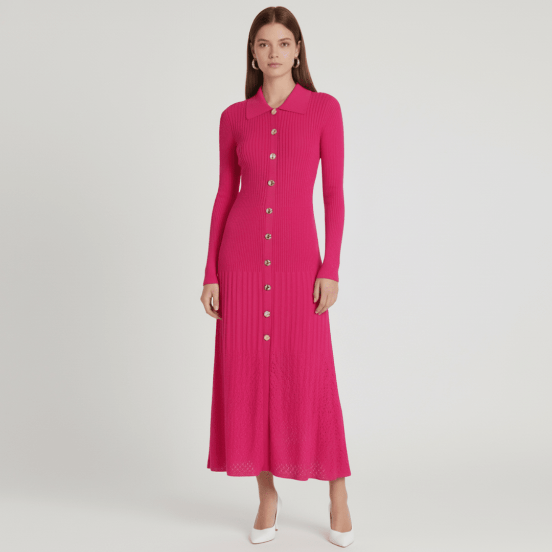 Noémie | Robe Pull Femme Col Boutonné Maxi Manches Longues