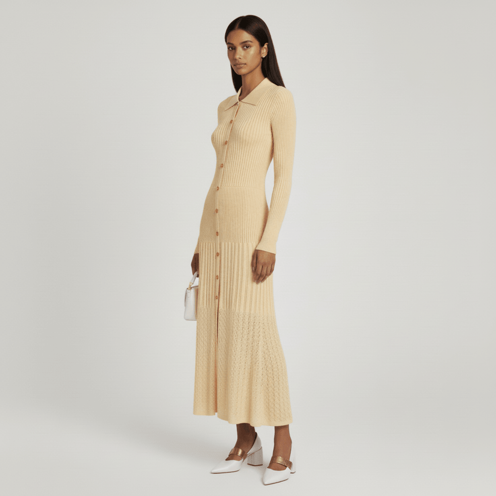 Noémie | Robe Pull Femme Col Boutonné Maxi Manches Longues