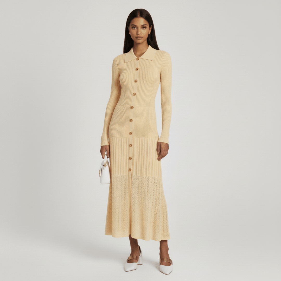 Noémie | Robe Pull Femme Col Boutonné Maxi Manches Longues