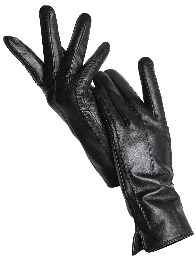 Aurélie | Gants Femme en Cuir Noir Ajustés avec Coutures