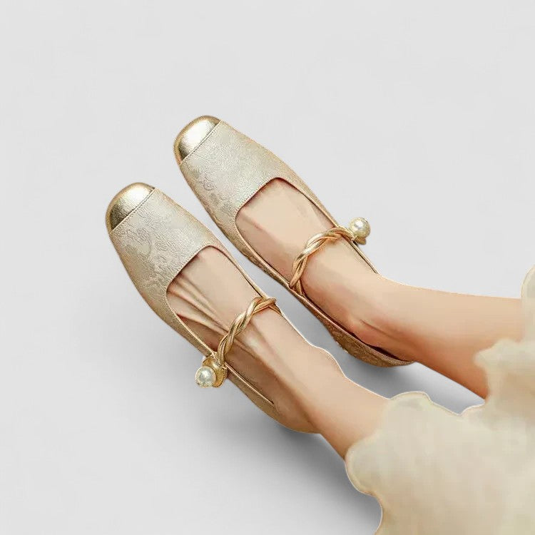 Inès | Ballerines Mary Jane Satin Vert à Fleurs Femme