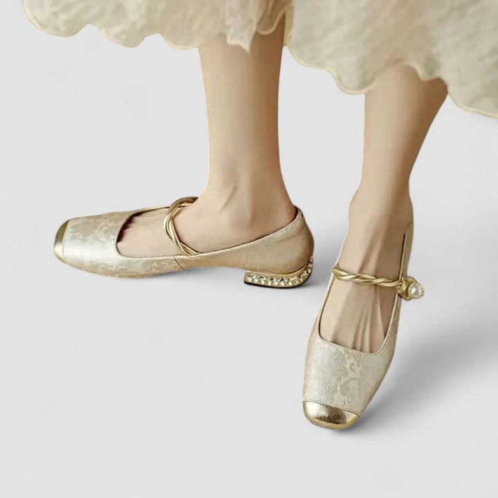 Inès | Ballerines Mary Jane Satin Vert à Fleurs Femme