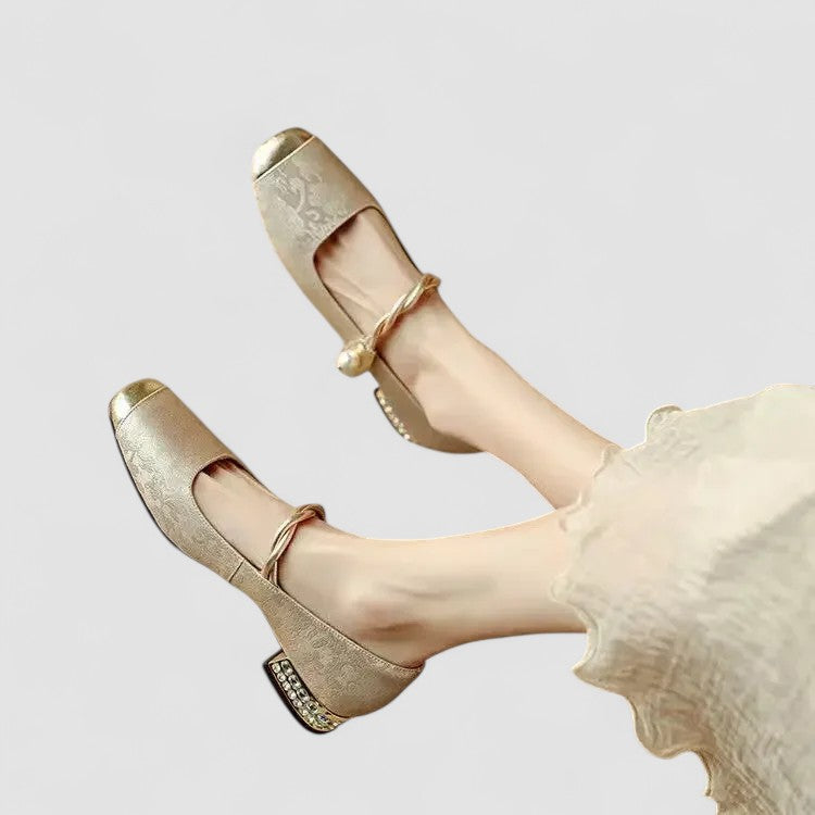 Inès | Ballerines Mary Jane Satin Vert à Fleurs Femme