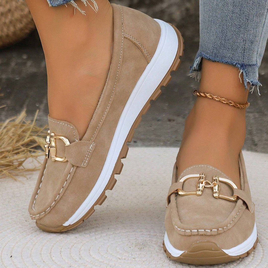 Camille | Mocassins Femme Daim Kaki à Boucle Dorée
