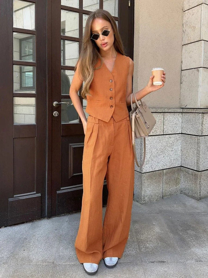 Élodie | Gilet Sans Manche Femme Lin Beige Pantalon Large