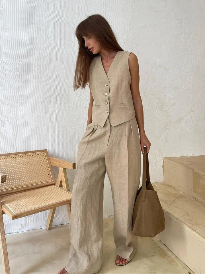 Ensemble gilet sans manche femme en lin et pantalon large