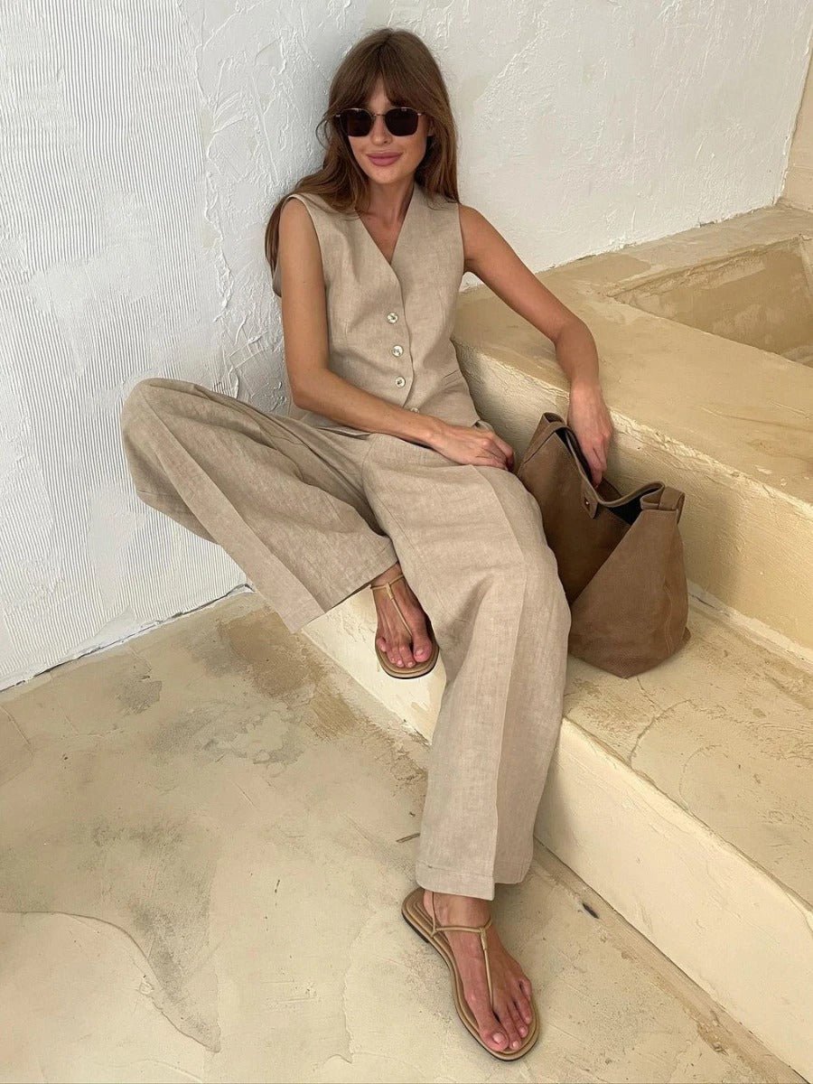 Ensemble gilet sans manche femme en lin et pantalon large