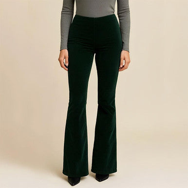 Louise | Pantalon Flare en Velours Côtelé Vert Foncé Taille Haute