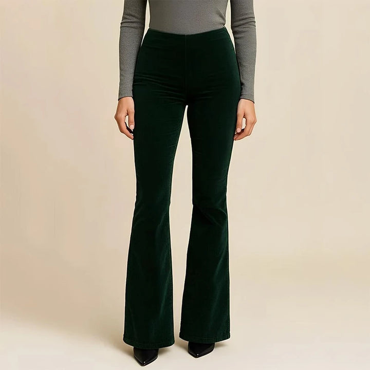 Louise | Pantalon Flare en Velours Côtelé Vert Foncé Taille Haute