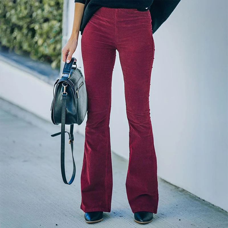 Louise | Pantalon Flare en Velours Côtelé Vert Foncé Taille Haute
