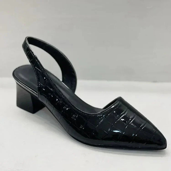 Mathilde | Escarpins Slingback Noir Cuir Croco Talon Bloc Bout Pointu