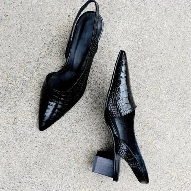 Mathilde | Escarpins Slingback Noir Cuir Croco Talon Bloc Bout Pointu