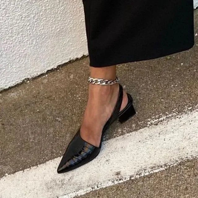 Mathilde | Escarpins Slingback Noir Cuir Croco Talon Bloc Bout Pointu