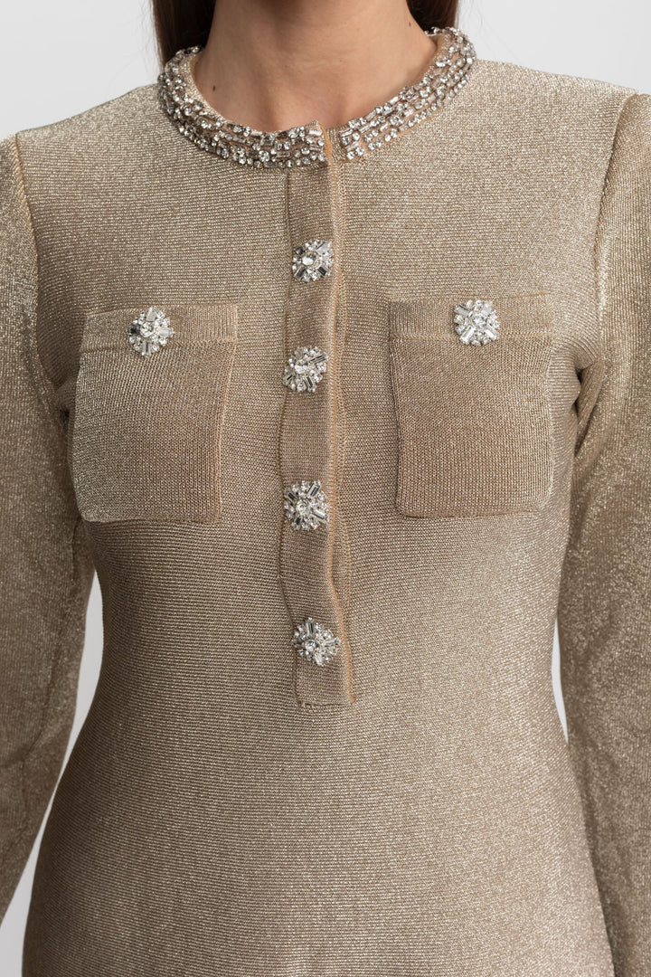 Remy | Robe Mini Soirée Col Bijou Manches Longues