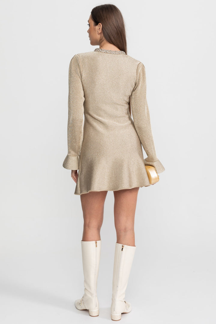 Remy | Robe Mini Soirée Col Bijou Manches Longues