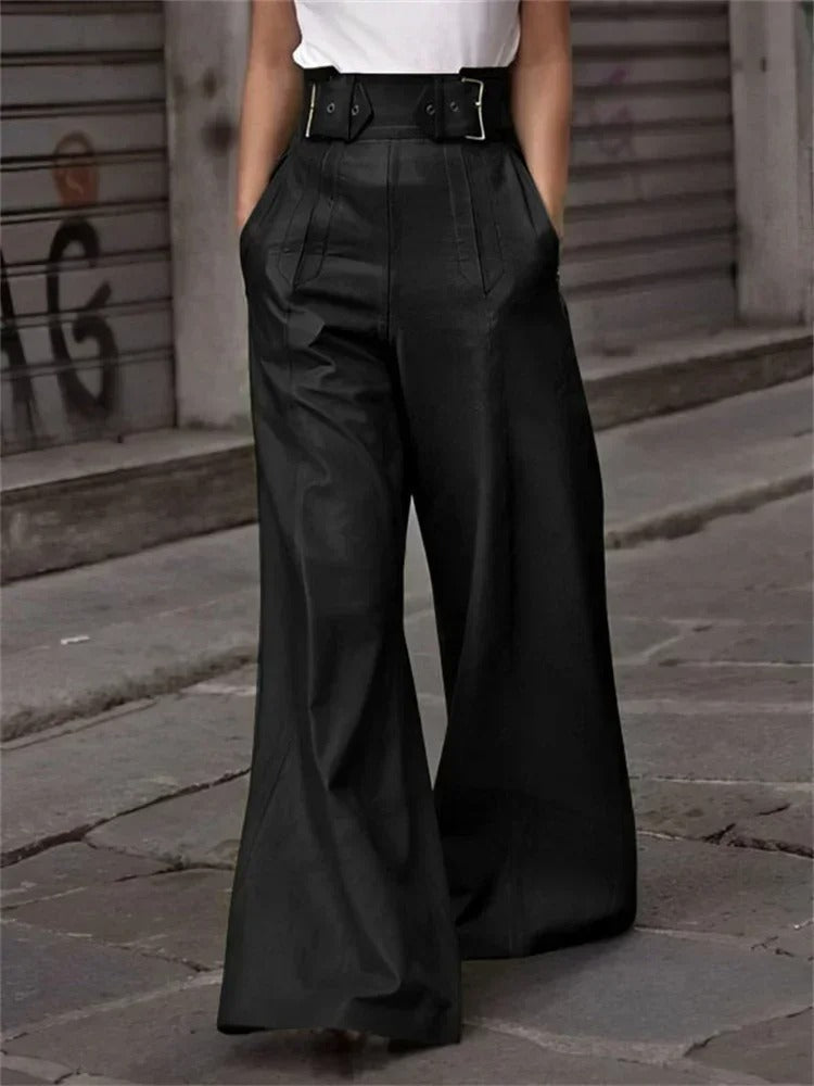 Axelle | Pantalon Large en Cuir Ceinturé Plissé
