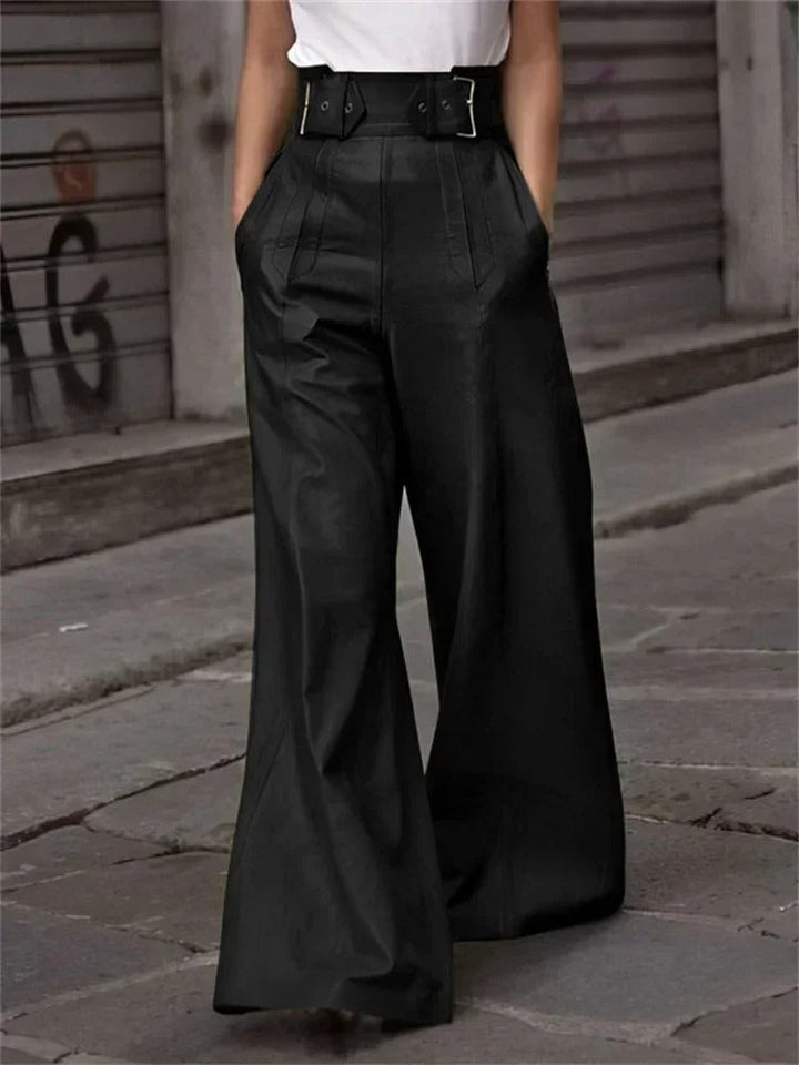 Axelle | Pantalon Large en Cuir Ceinturé Plissé