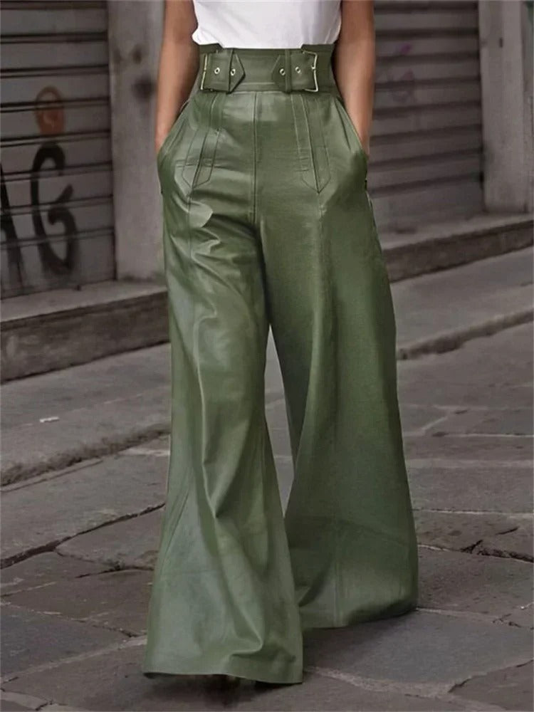 Axelle | Pantalon Large en Cuir Ceinturé Plissé