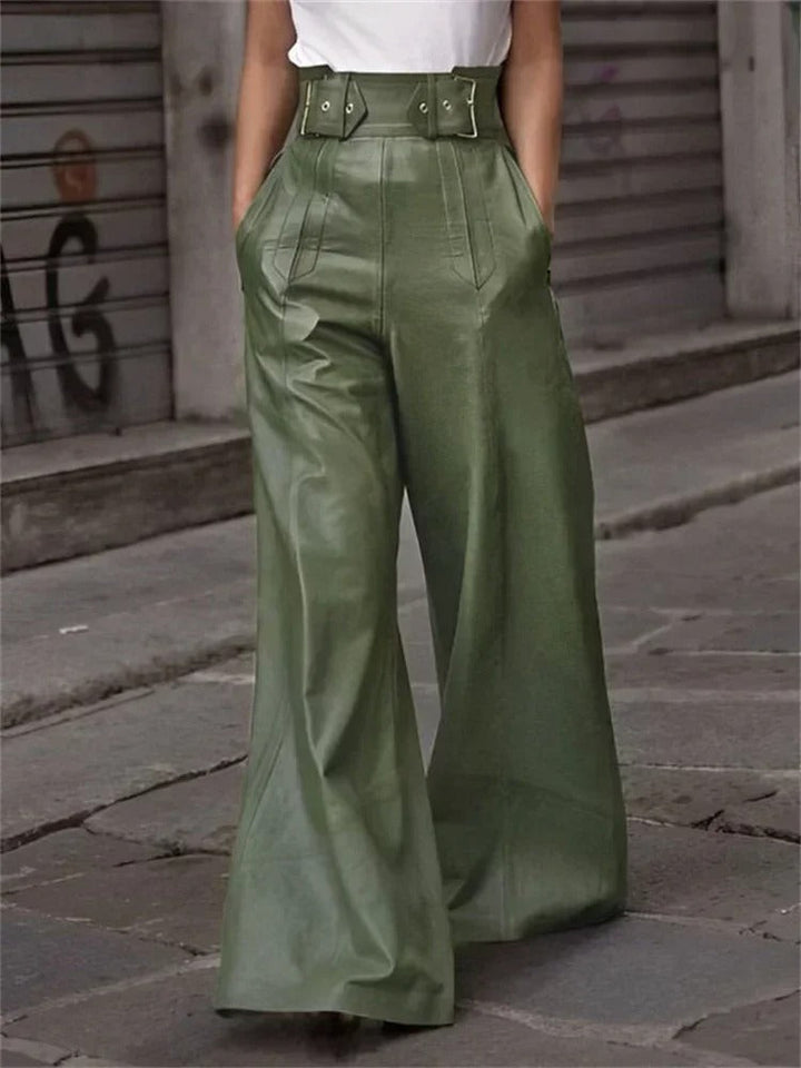 Axelle | Pantalon Large en Cuir Ceinturé Plissé