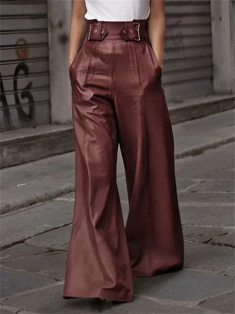 Axelle | Pantalon Large en Cuir Ceinturé Plissé